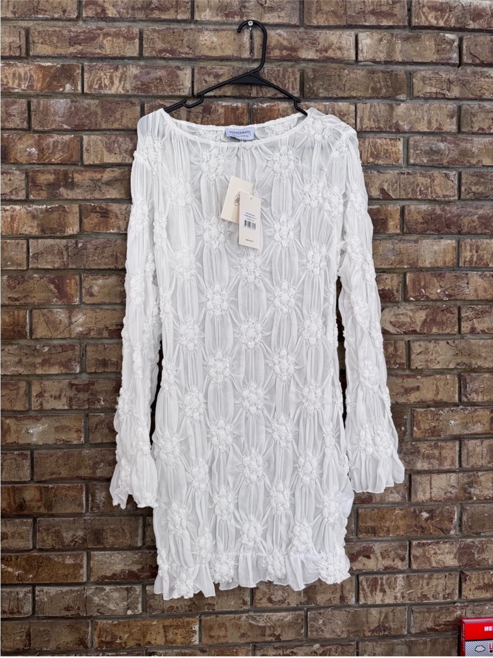 Peppermayo Mia White Textured Long Sleeve sheer Mini Dress